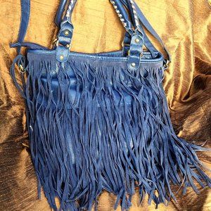 Navy Blue Faux Leather Fringe Shoulder Bag